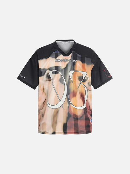 DAXUEN Oversized black graphic V-neck T-shirt with canine print