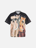 DAXUEN Oversized black graphic V-neck T-shirt with canine print