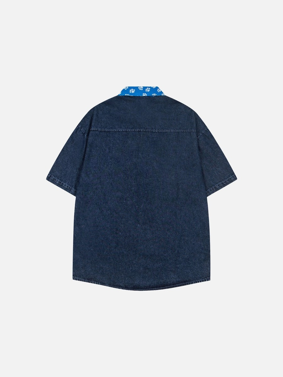 DAXUEN Short-sleeved denim shirt with embroidered graphics