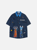 DAXUEN Short-sleeved denim shirt with embroidered graphics