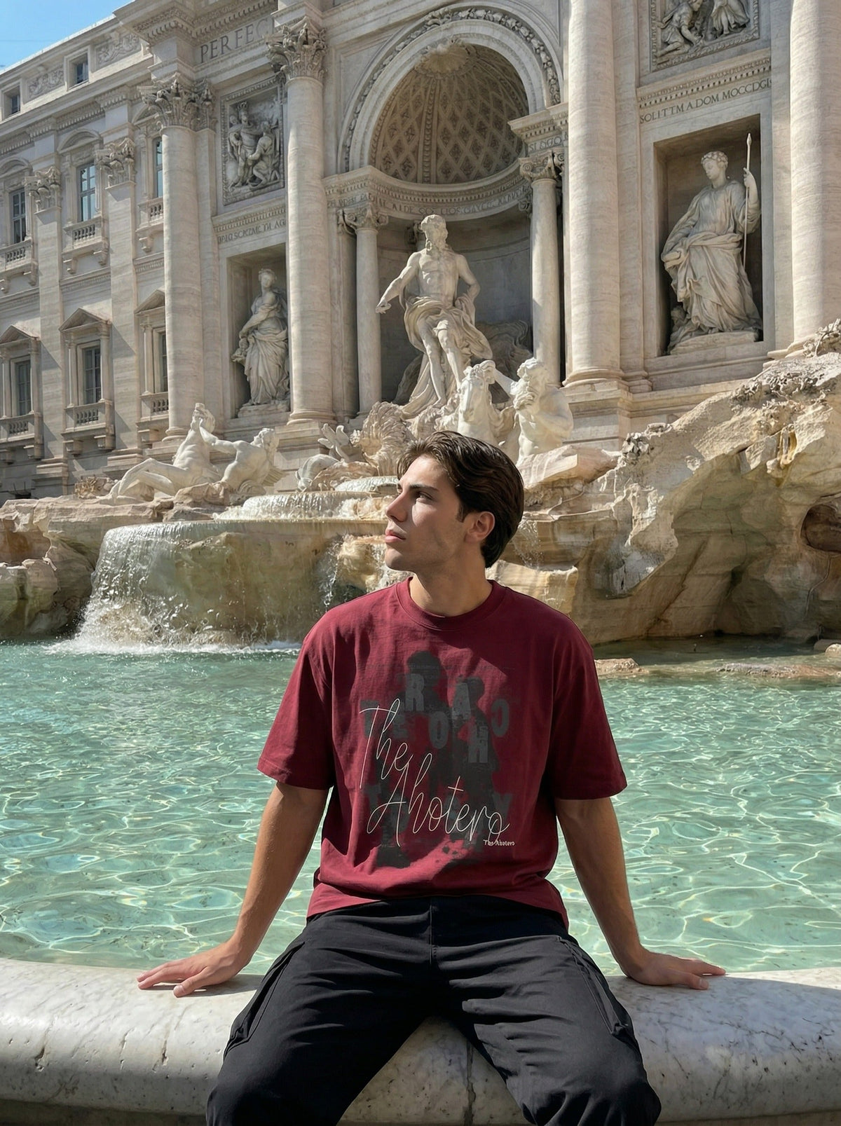 DAXUEN Oversized graphic t-shirt in black grey and maroon — model photo