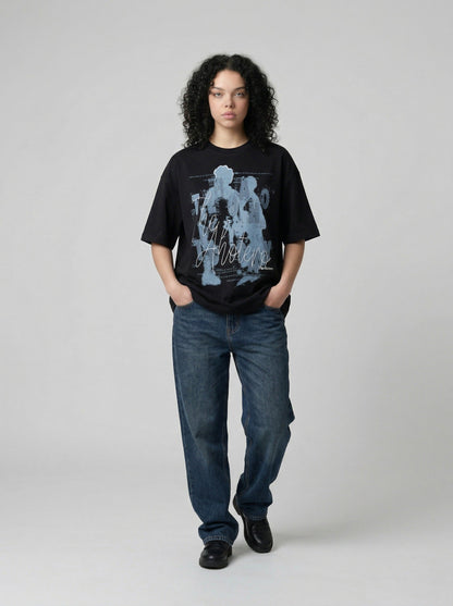 DAXUEN Oversized graphic t-shirt in black grey and maroon — model photo