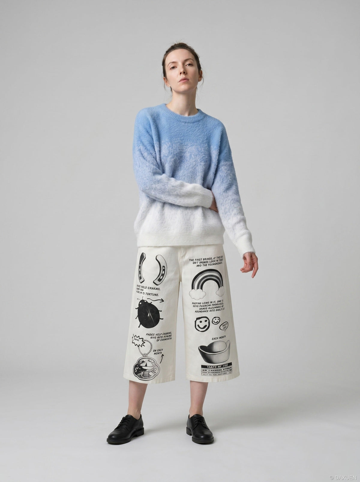 DAXUEN Graphic Wide-Leg Cropped Pants | DAXUEN — model photo