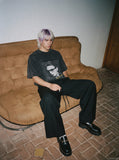 DAXUEN washed black oversized grayscale portrait graphic t-shirt — model photo