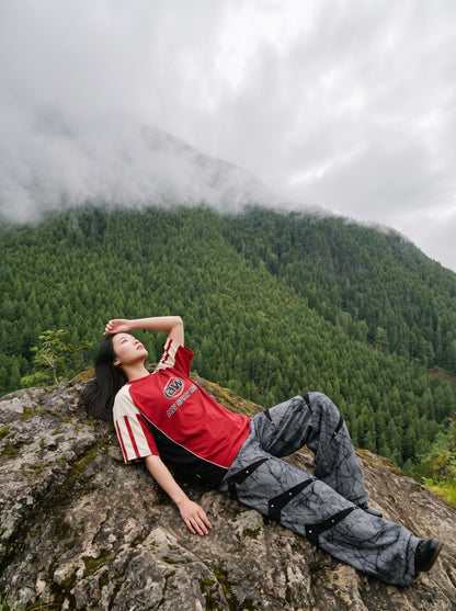 DAXUEN grey crackle wide-leg trousers — model photo