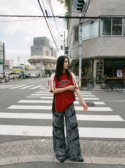 DAXUEN grey crackle wide-leg trousers — model photo