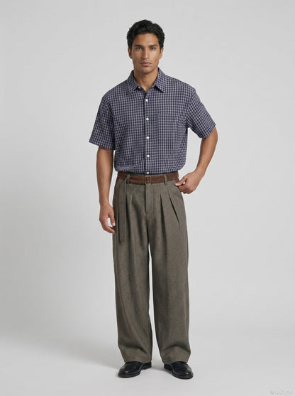 DAXUEN Loose-fitting short sleeve button-up shirt with grid pattern — model photo