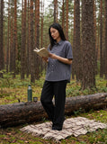 DAXUEN Loose-fitting short sleeve button-up shirt with grid pattern — model photo