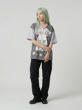 DAXUEN Oversized short-sleeved grid pattern rabbit graphic t-shirt — model photo