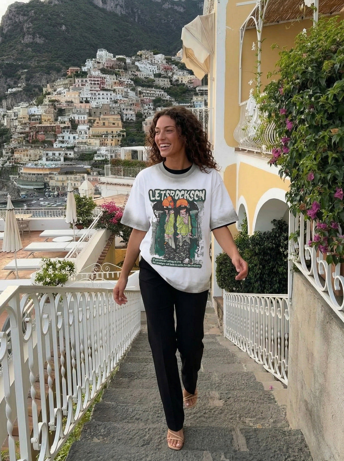 DAXUEN Faded wash crew neck t-shirt with graphic print — model photo