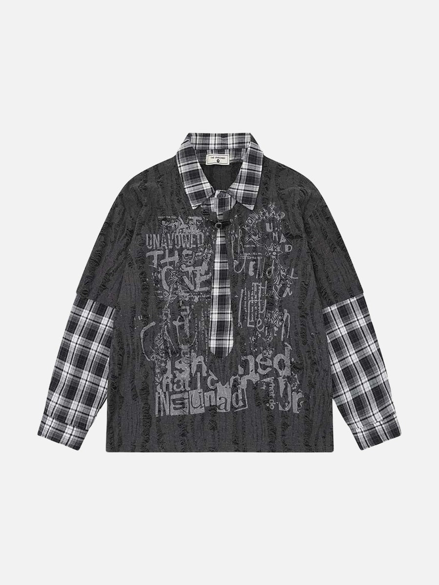 Grunge graphic long-sleeve shirt with plaid details