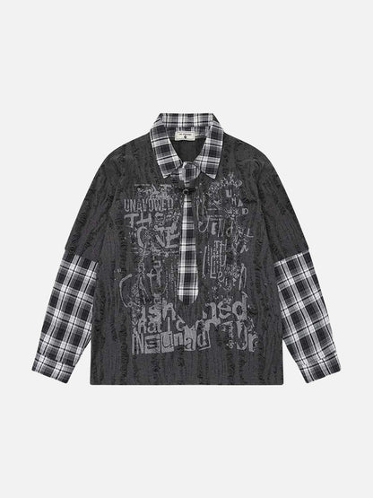 Grunge graphic long-sleeve shirt with plaid details