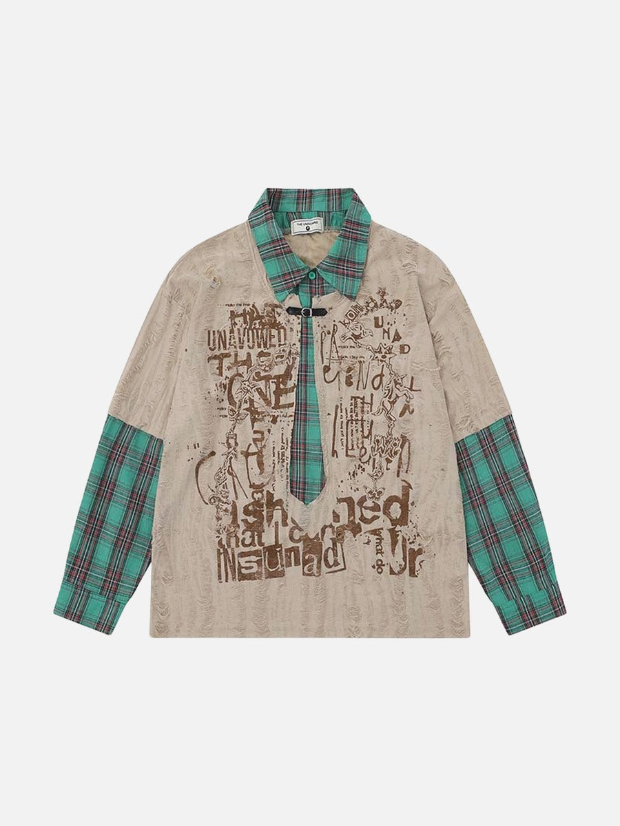 Grunge graphic long-sleeve shirt with plaid details