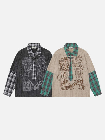 Grunge graphic long-sleeve shirt with plaid details