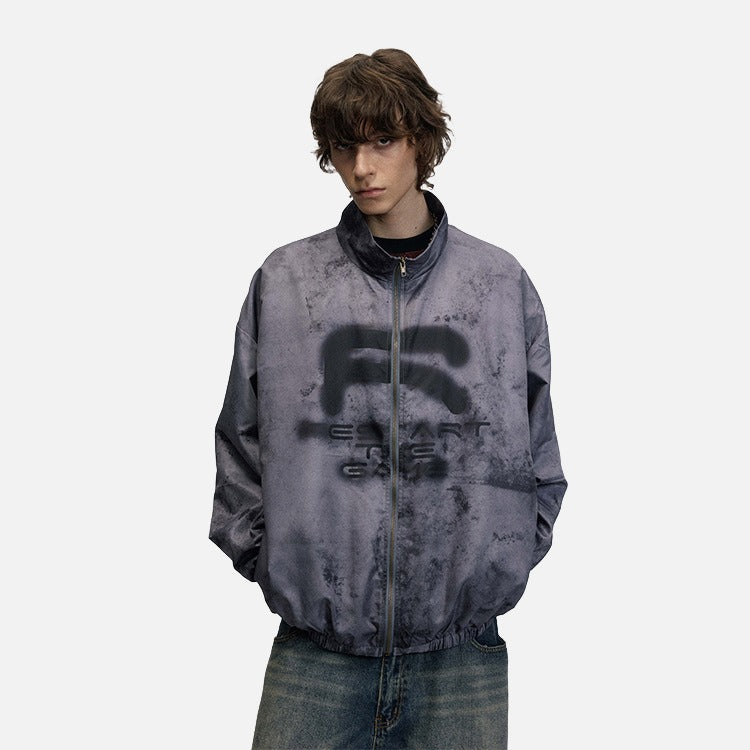 DAXUEN Oversized full-zip jacket with distressed grey pattern — model photo