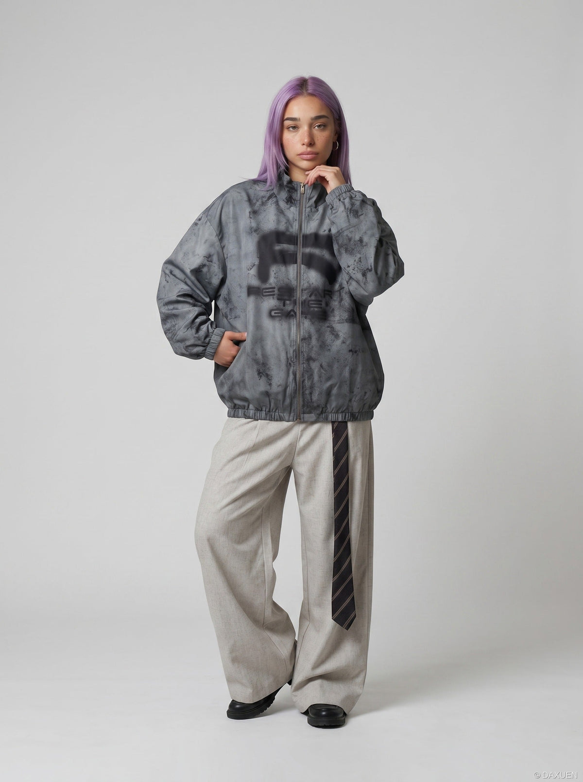 DAXUEN Oversized full-zip jacket with distressed grey pattern — model photo