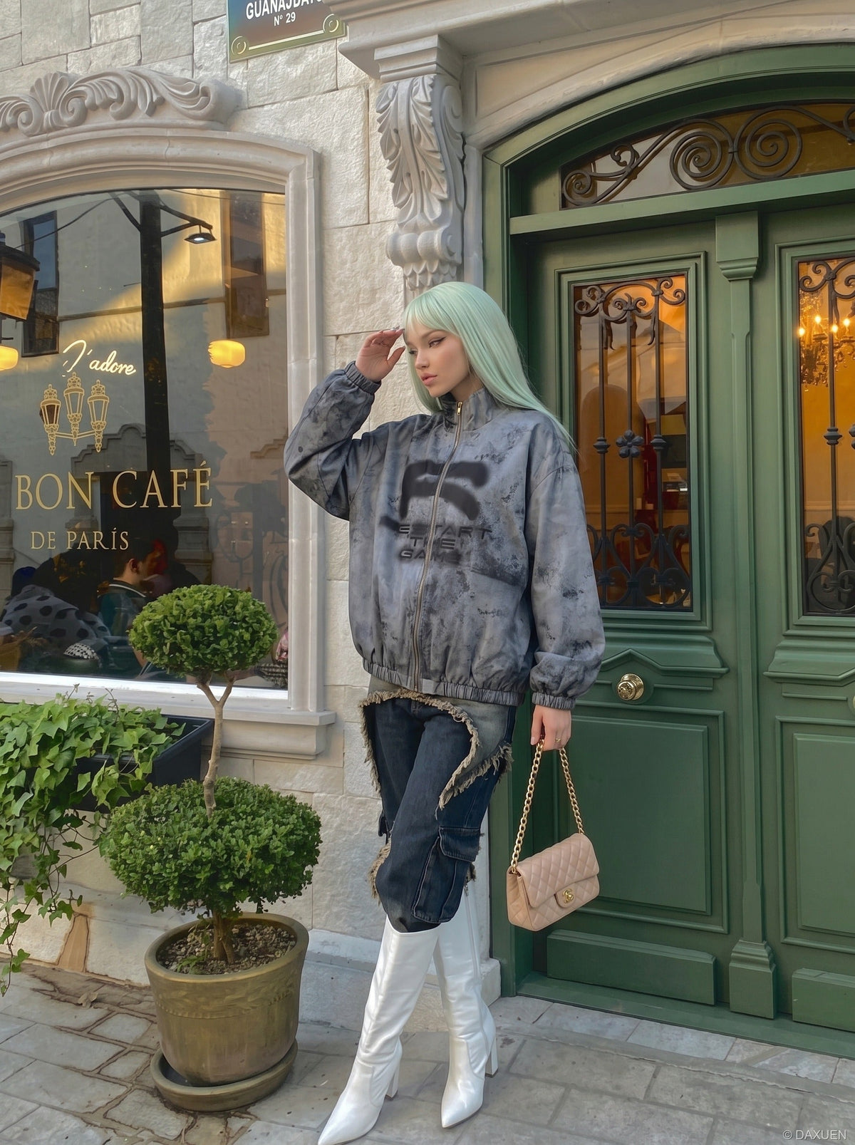 DAXUEN Oversized full-zip jacket with distressed grey pattern