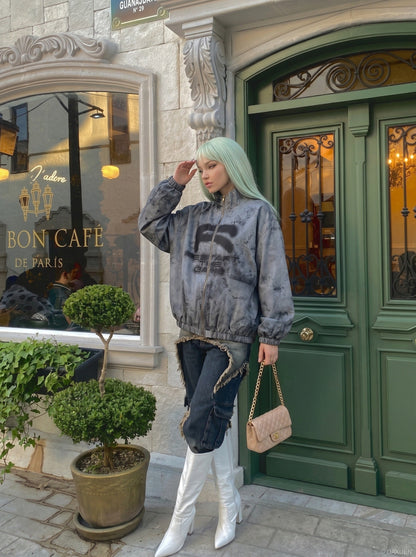 DAXUEN Oversized full-zip jacket with distressed grey pattern