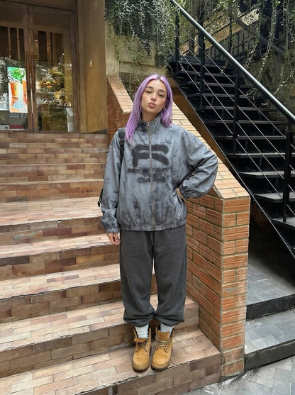 DAXUEN Oversized full-zip jacket with distressed grey pattern — model photo