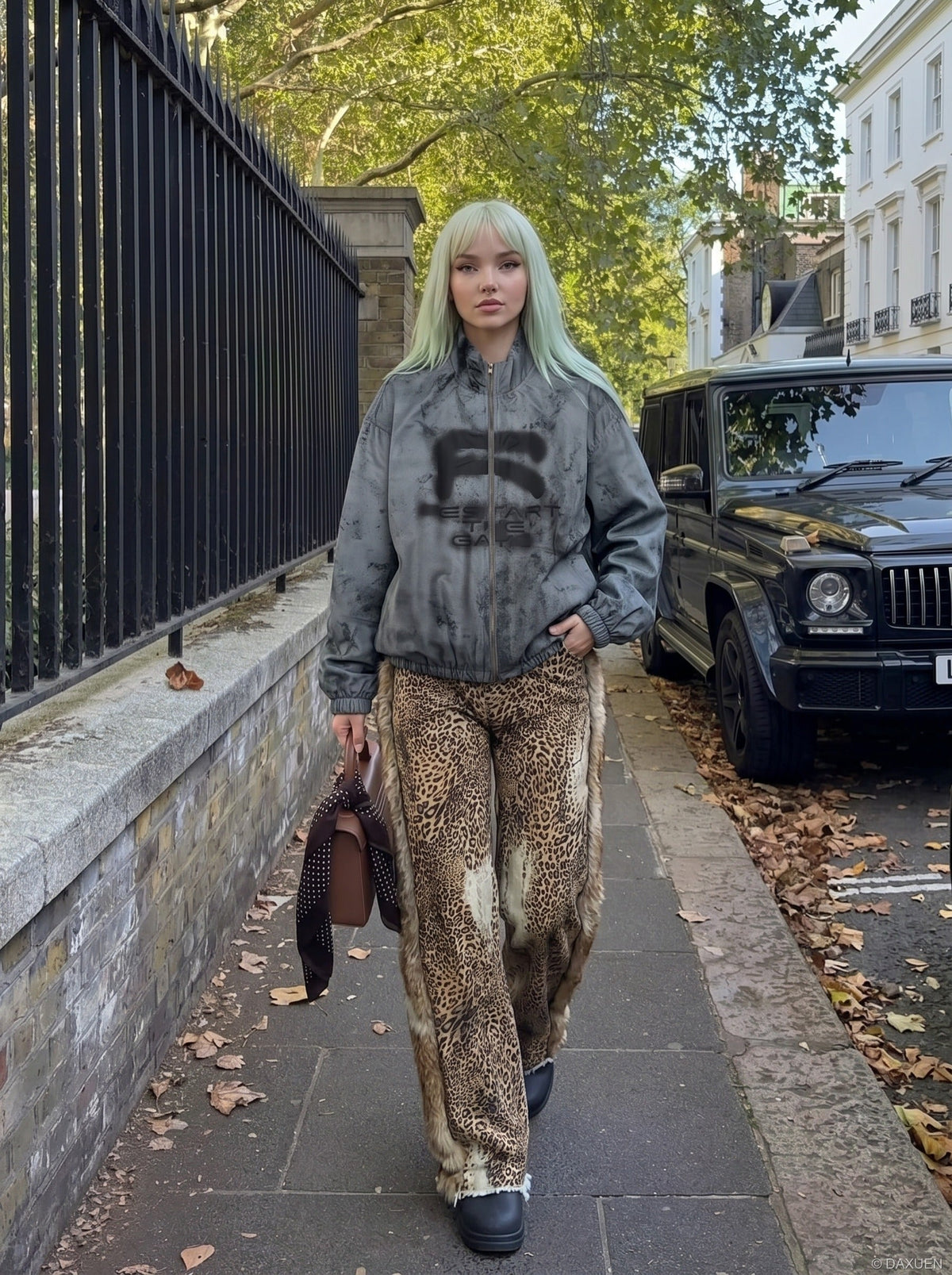 DAXUEN Oversized full-zip jacket with distressed grey pattern — model photo