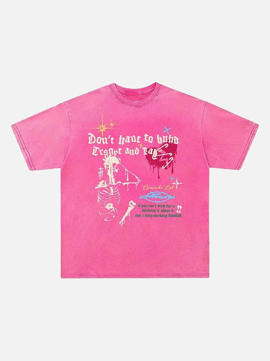 Grungy graphic t-shirt with skull and text