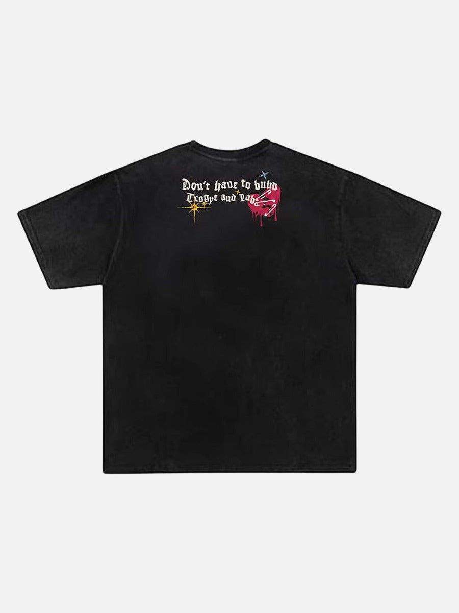 Grungy graphic t-shirt with skull and text