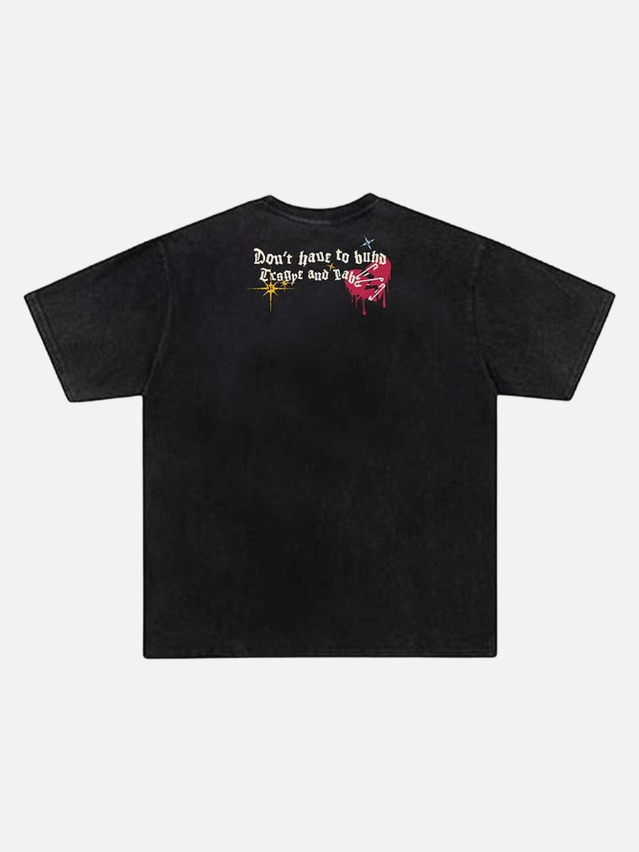 Grungy graphic t-shirt with skull and text