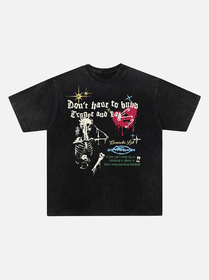 Grungy graphic t-shirt with skull and text