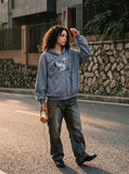 DAXUEN muted blue oversized hand-drawn graphic hooded sweatshirt — model photo