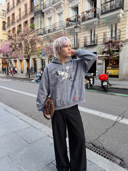 DAXUEN muted blue oversized hand-drawn graphic hooded sweatshirt — model photo