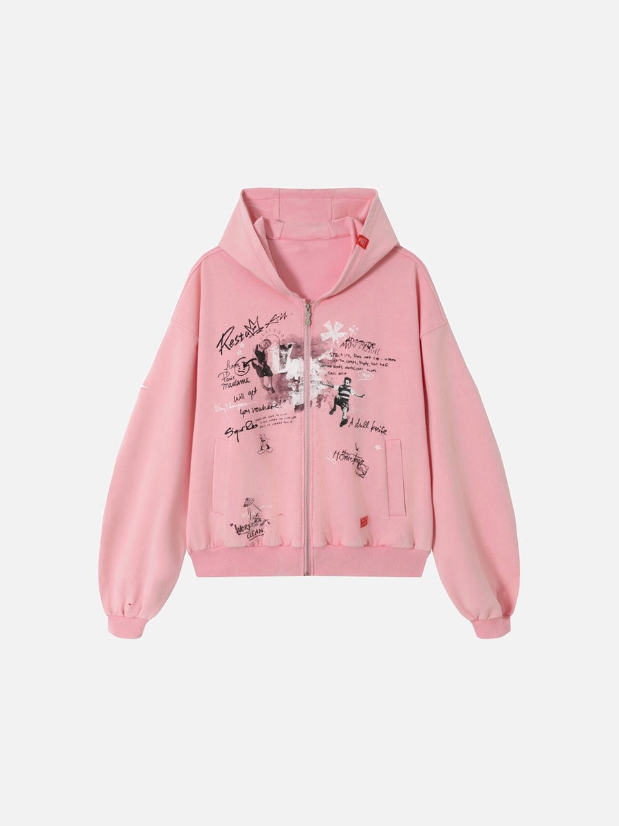 DAXUEN muted blue oversized hand-drawn graphic hooded sweatshirt