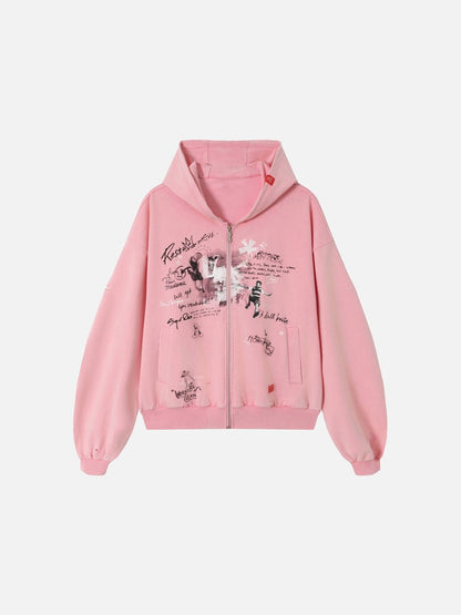 DAXUEN muted blue oversized hand-drawn graphic hooded sweatshirt