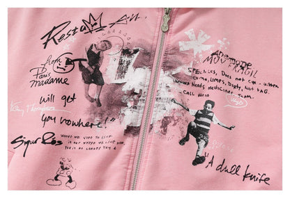 DAXUEN muted blue oversized hand-drawn graphic hooded sweatshirt