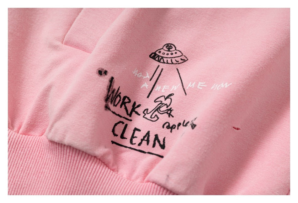 DAXUEN muted blue oversized hand-drawn graphic hooded sweatshirt