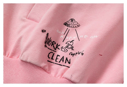 DAXUEN muted blue oversized hand-drawn graphic hooded sweatshirt
