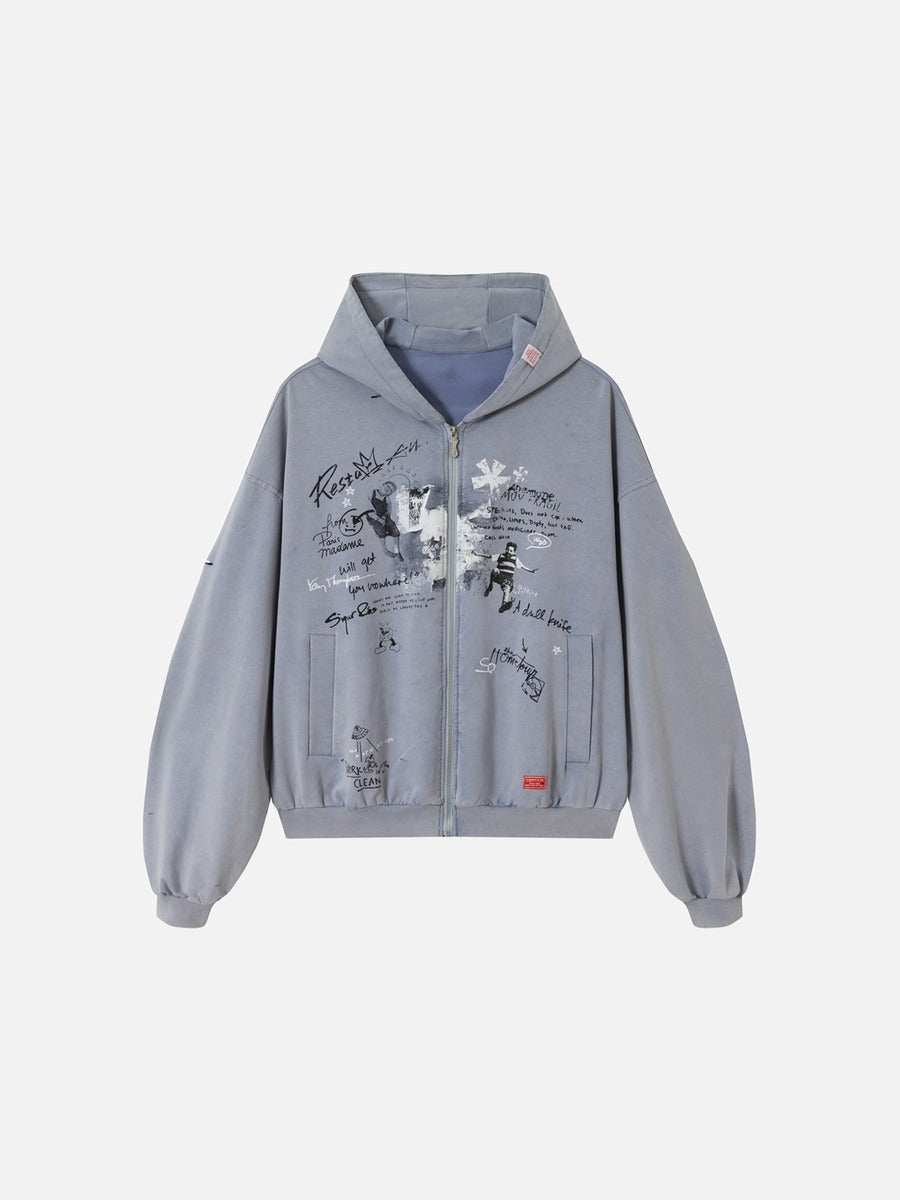 Hand-Drawn Graphic Oversized Hooded Sweatshirt