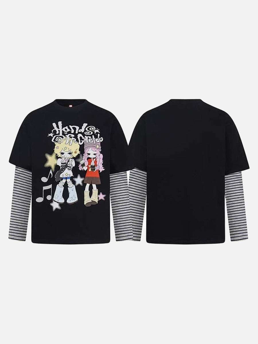 DAXUEN Black layered t-shirt with cartoon graphic