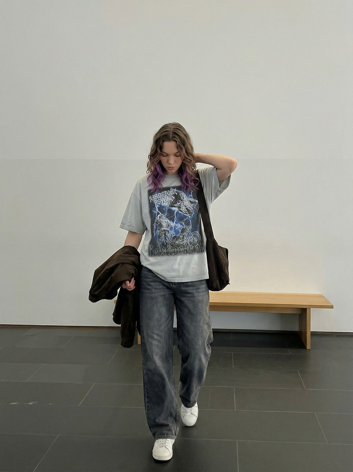 DAXUEN Graphic t-shirt featuring biker illustration and distressed text — model photo