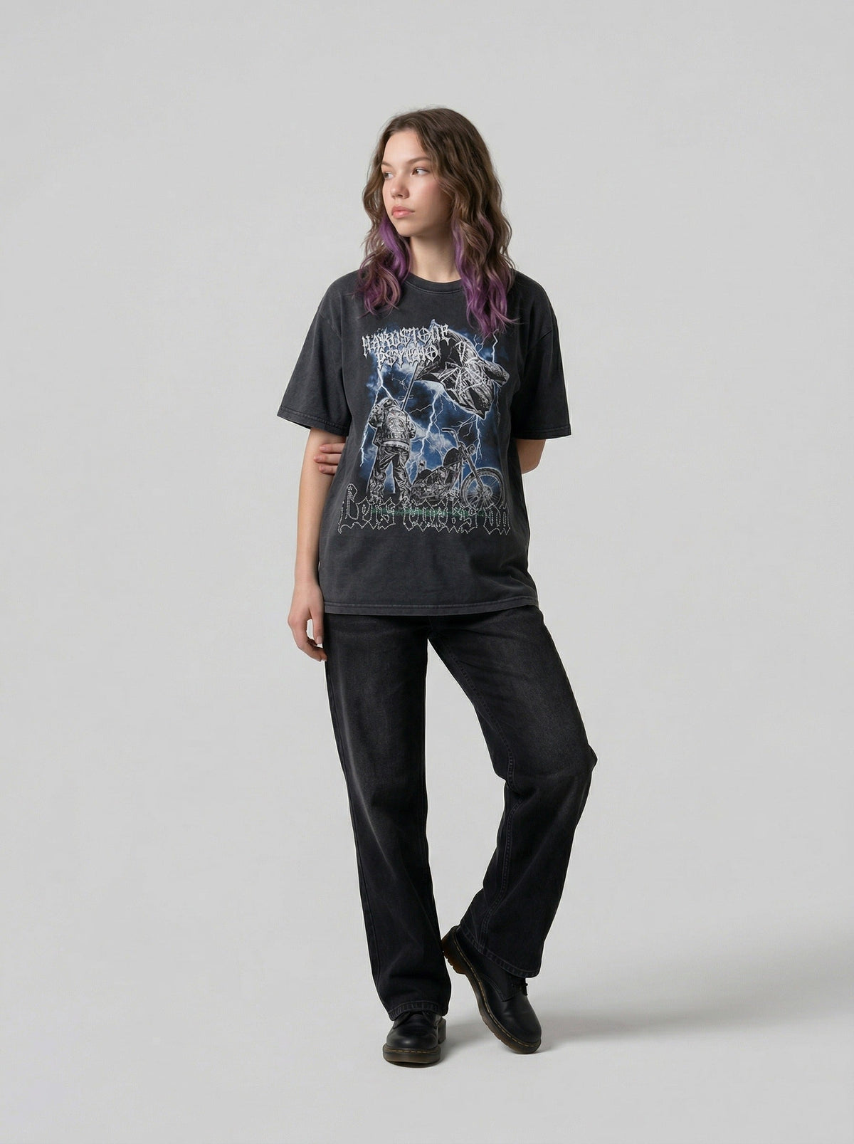 DAXUEN Graphic t-shirt featuring biker illustration and distressed text — model photo
