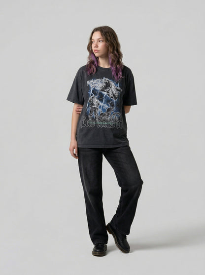 DAXUEN Graphic t-shirt featuring biker illustration and distressed text — model photo