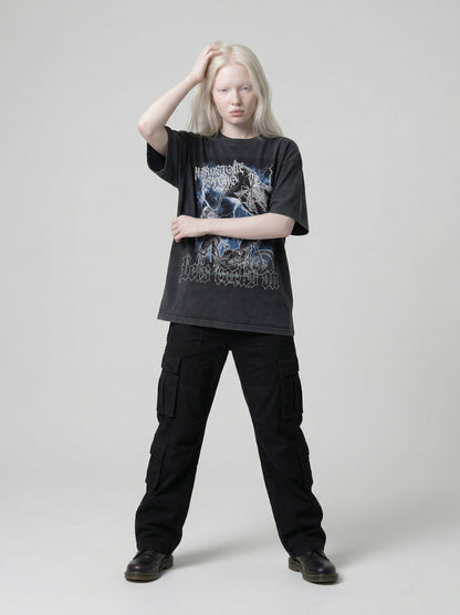 DAXUEN Graphic t-shirt featuring biker illustration and distressed text — model photo