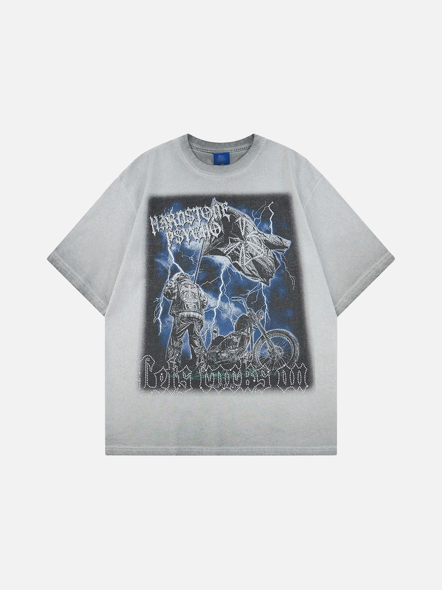DAXUEN Graphic t-shirt featuring biker illustration and distressed text