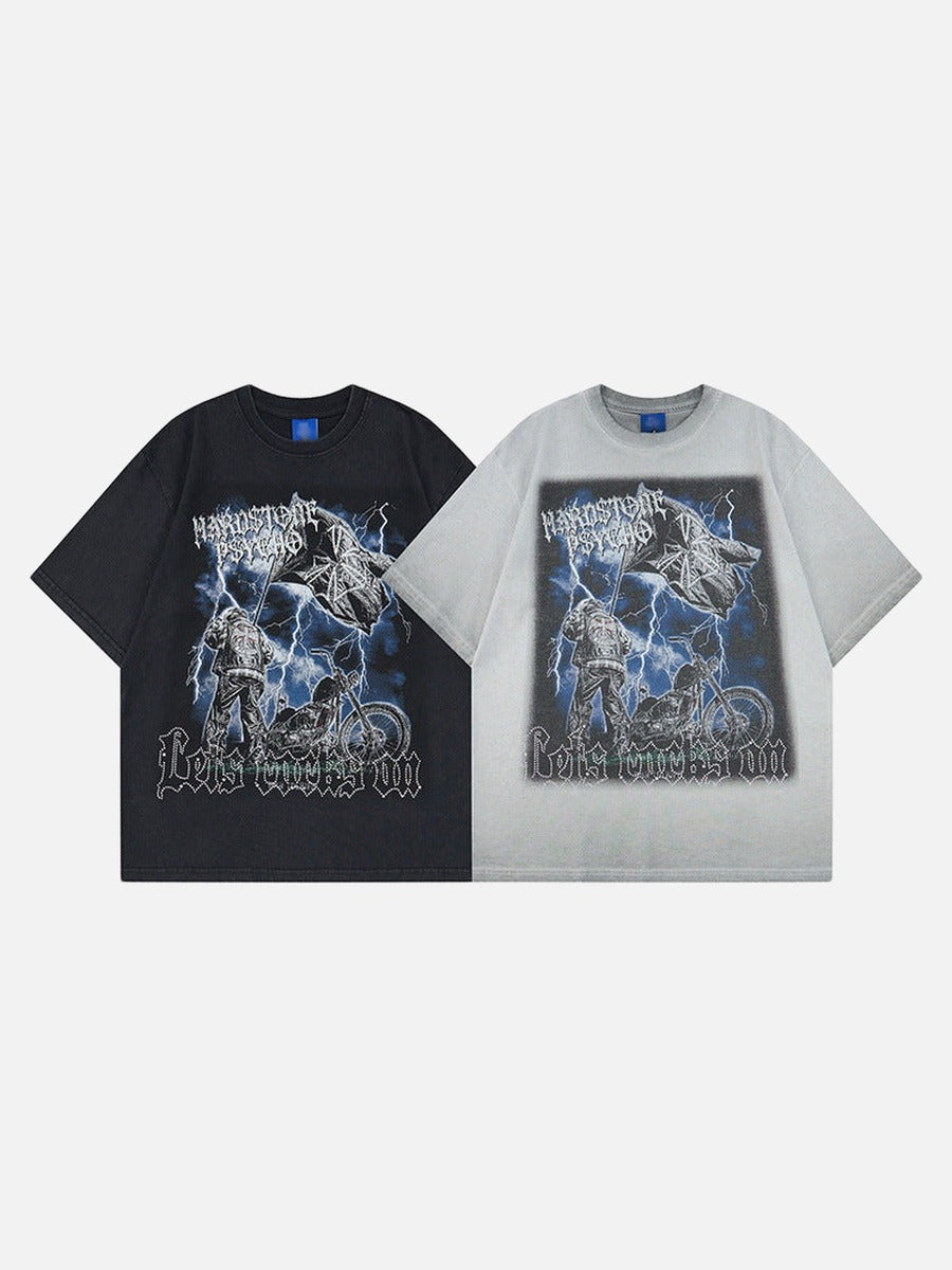 DAXUEN Graphic t-shirt featuring biker illustration and distressed text
