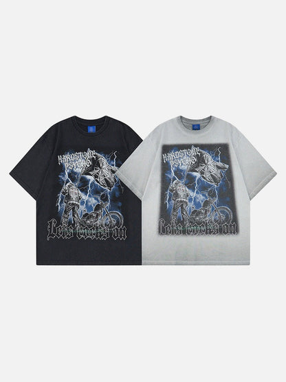 DAXUEN Graphic t-shirt featuring biker illustration and distressed text