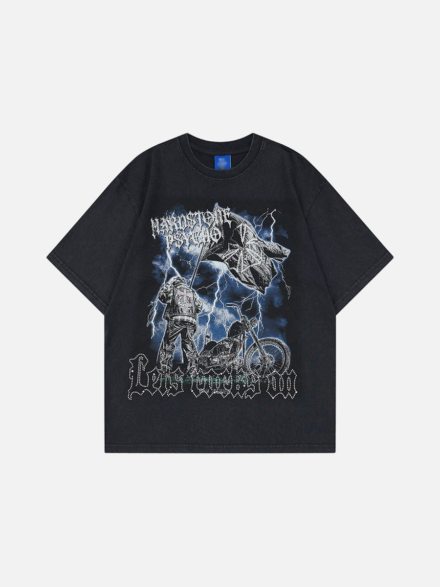 DAXUEN Graphic t-shirt featuring biker illustration and distressed text