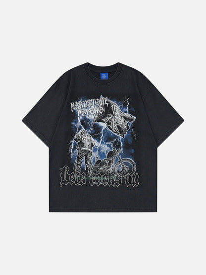 DAXUEN Graphic t-shirt featuring biker illustration and distressed text