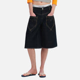 DAXUEN dark indigo denim heart-embroidered cropped shorts