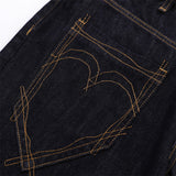 DAXUEN dark indigo denim heart-embroidered cropped shorts