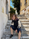 DAXUEN dark indigo denim heart-embroidered cropped shorts — model photo