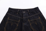 DAXUEN dark indigo denim heart-embroidered cropped shorts